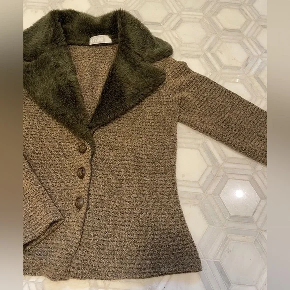 Vintage Green Faux Fur Collar Button Front Knit Cardigan Jacket Khaki Brown - Picture 2 of 6